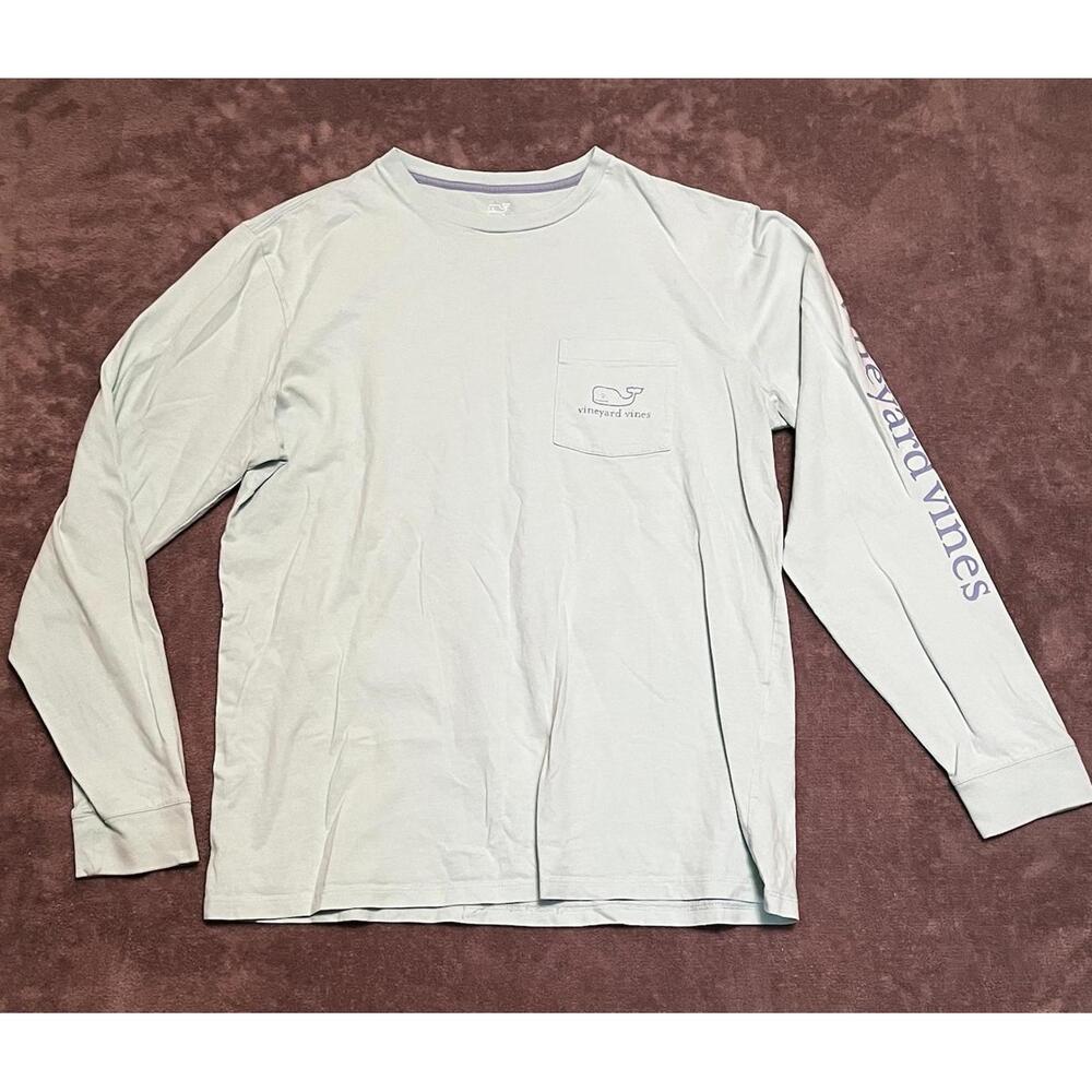 Vineyard Vines Women's Long Sleeve Pocket T-Shirt Whale Logo Size M Teal Blue